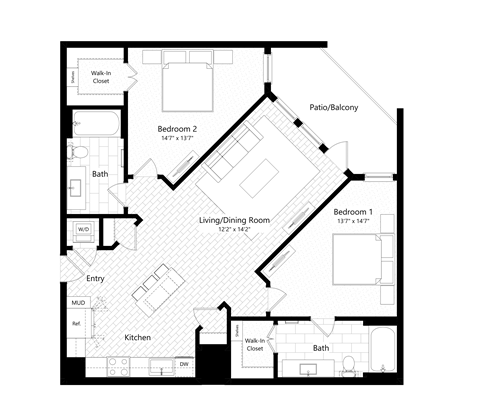 Floor plan for 2 beds, 2 baths, 1140 sqft